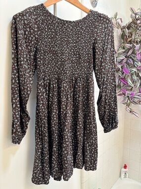 Brown Long-Sleeve Ditsy Floral Mini Dress Size Medium Y2K Babydoll Country Ranch